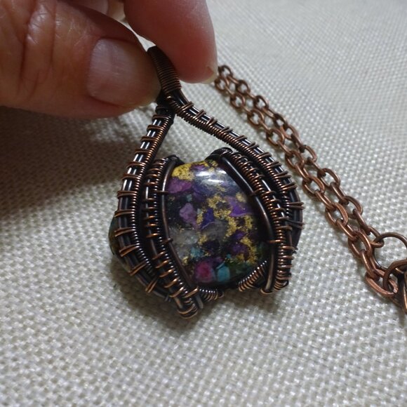 Rustic OYSTER TURQUOISE Handmade COPPER WIRE-WRAPPED Pendant/Chain #519C - Picture 2 of 3